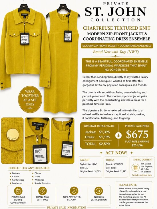 St. John Collection Dresses & Skirts - NWT St. John Chartreuse (Mustard)Textured Knit Jacket & Dress Set XL/L $2590